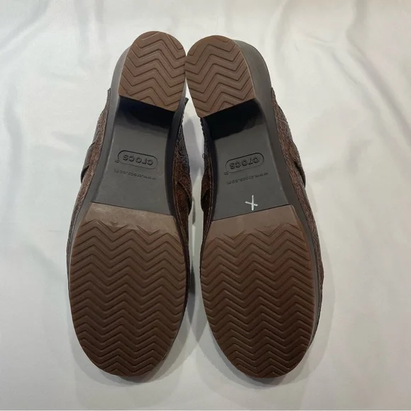 Crocs Brown Embossed Leather-Look Heeled Mules Slide On Women’s Size 10 Shoes - Picture 12 of 16